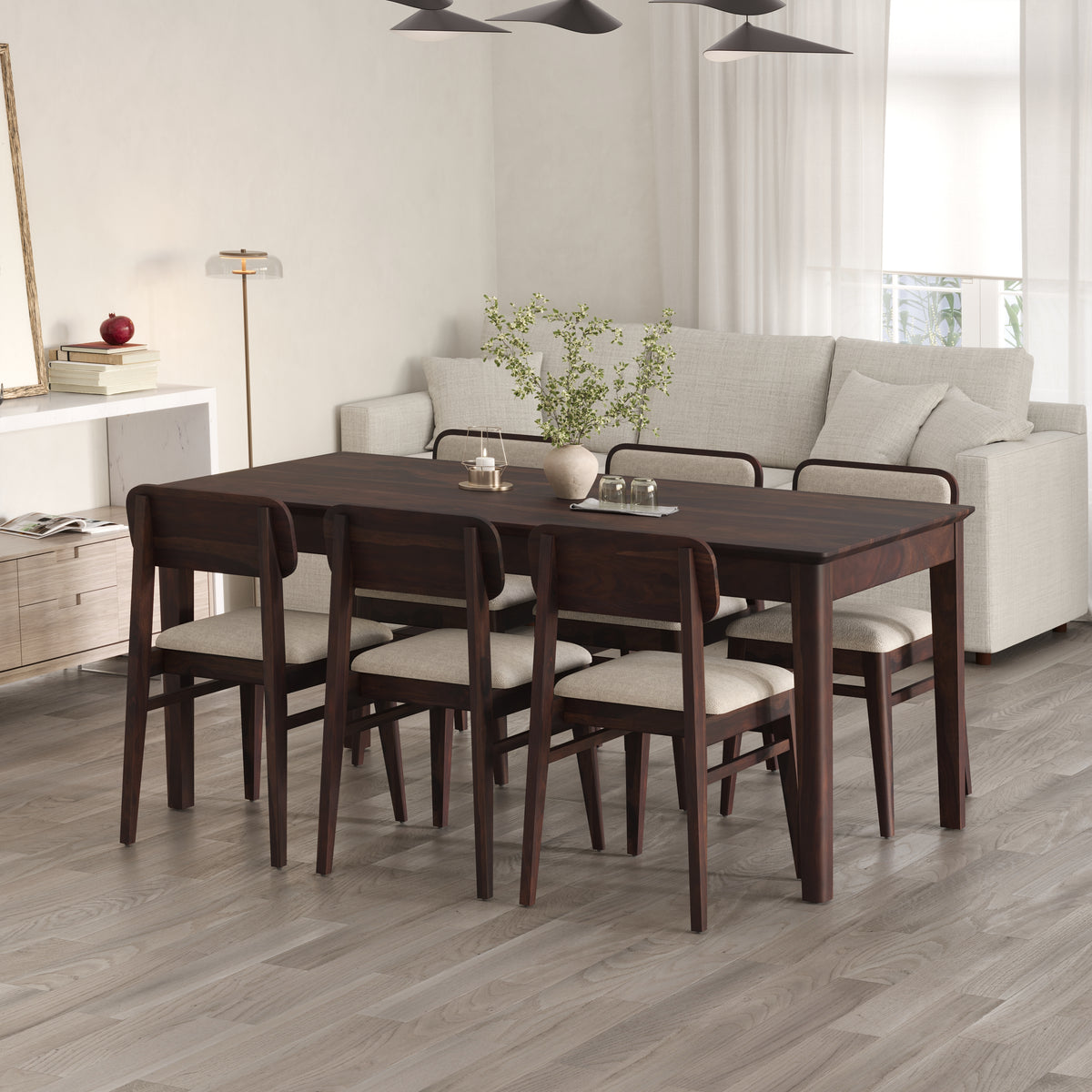 Oslo Solid Sheesham Wood 6 Seater Dining Table Set - Walnut Finish