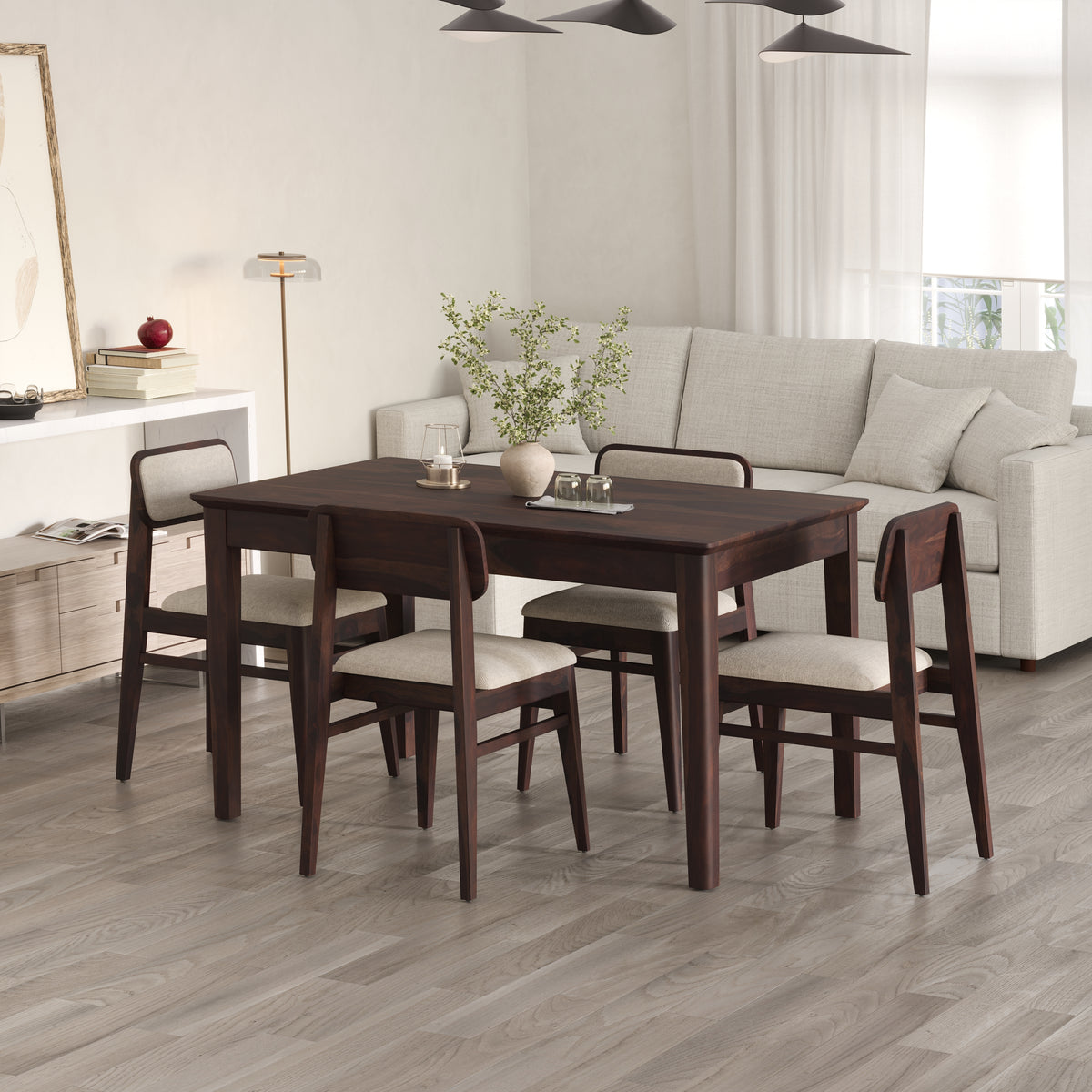 Oslo Solid Sheesham Wood 4 Seater Dining Table Set - Walnut Finish