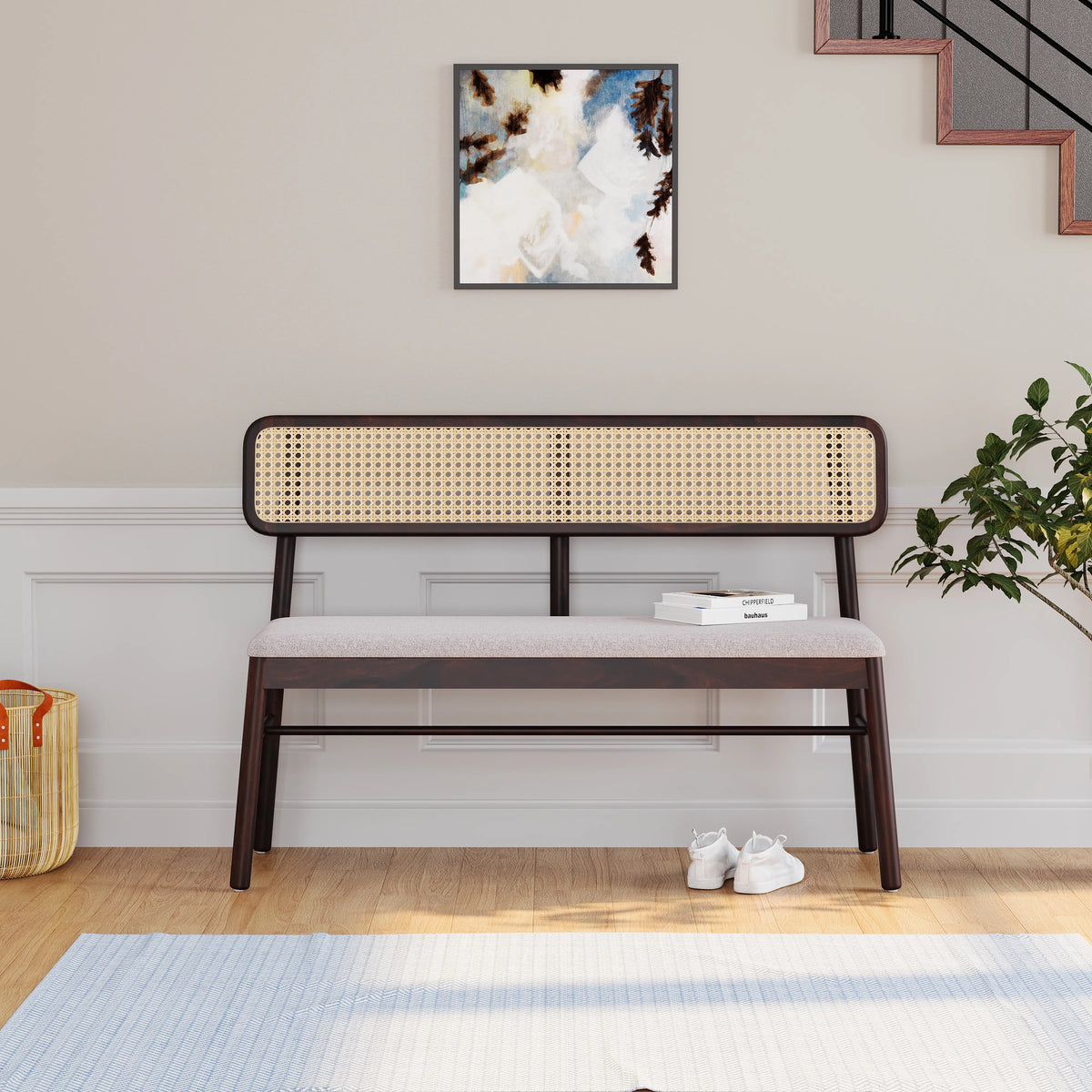 Wooden Bench with Cushioned Seat in Walnut Finish