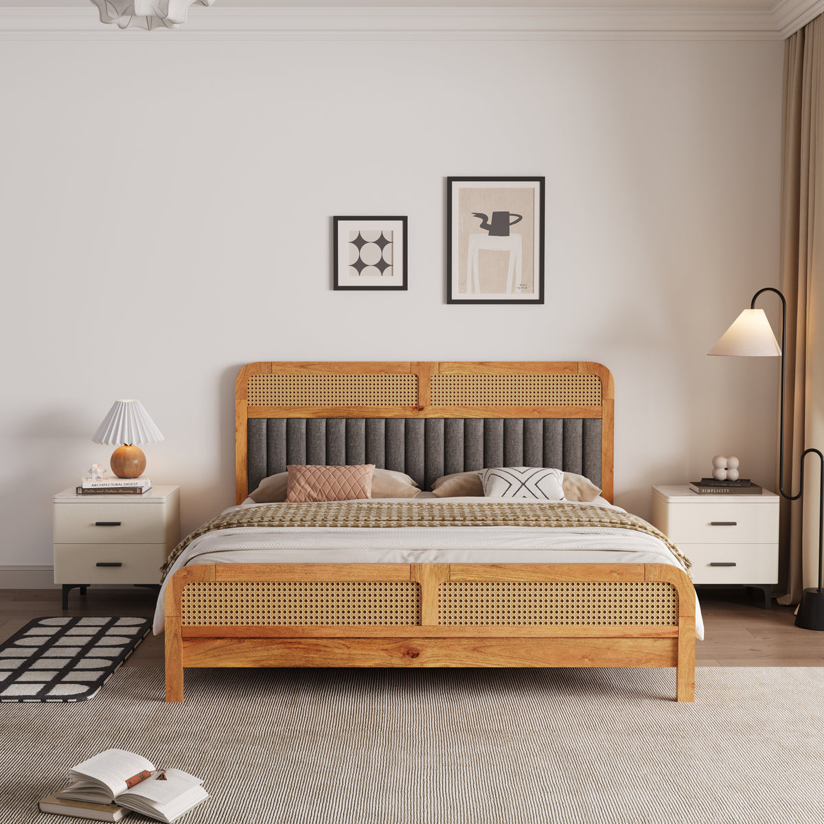 Wooden King Size bed without Storage in Natural Finish for Bedroom