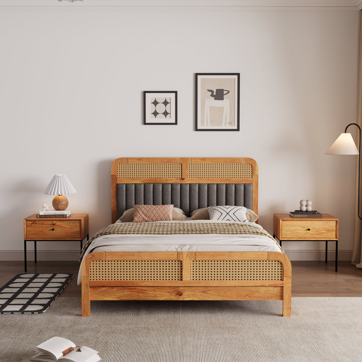 Wooden Queen Size bed without Storage in Natural Finish for Bedroom