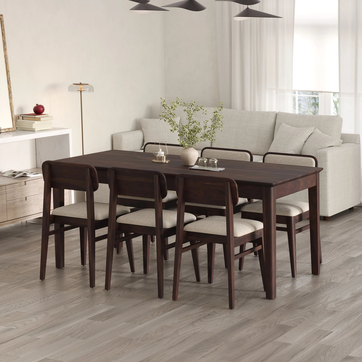 Oslo Solid Sheesham Wood 6 Seater Dining Table Set - Walnut Finish