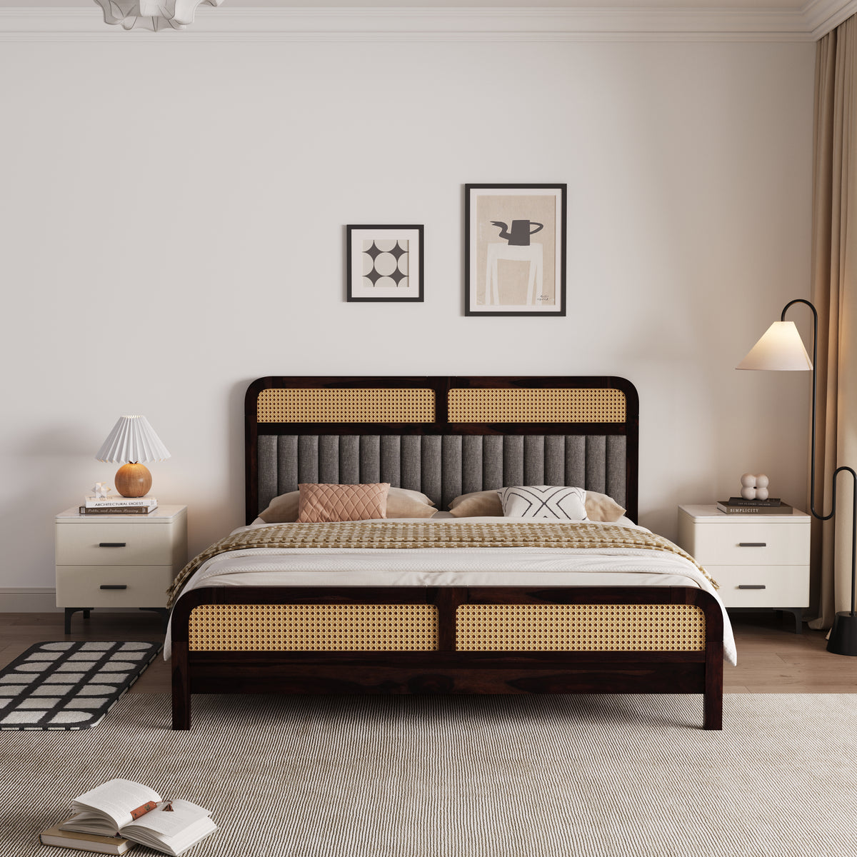 Wooden King Size bed without Storage in Walnut Finish for Bedroom