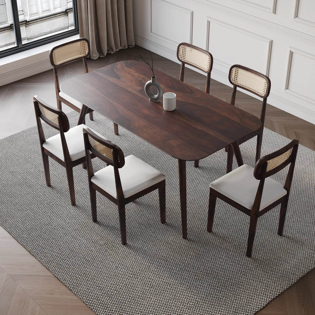6 Seater Sheesham Wood Dining Table Set with Cane Back Chairs