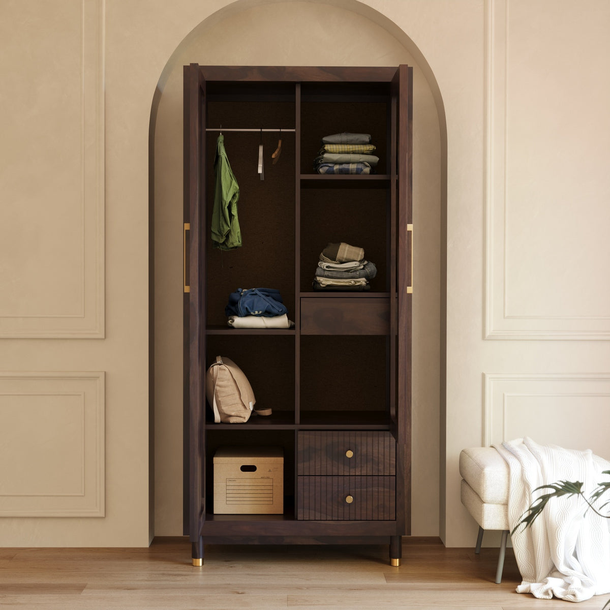Sheesham Wood Wardrobe with Cane & Mirror