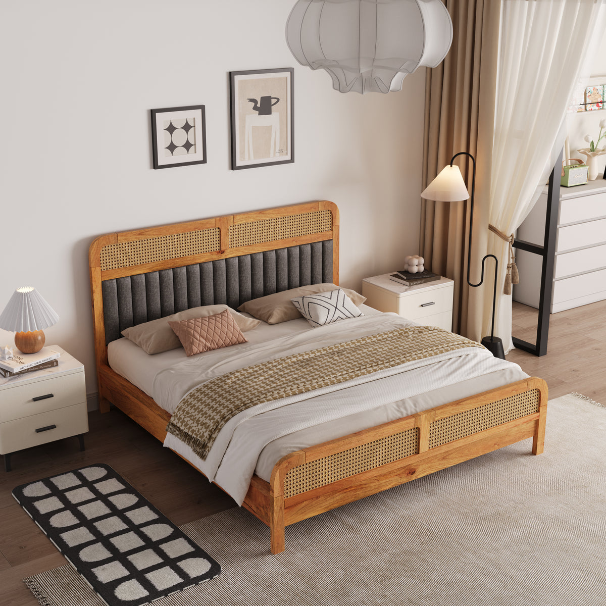 Wooden King Size bed without Storage in Natural Finish for Bedroom