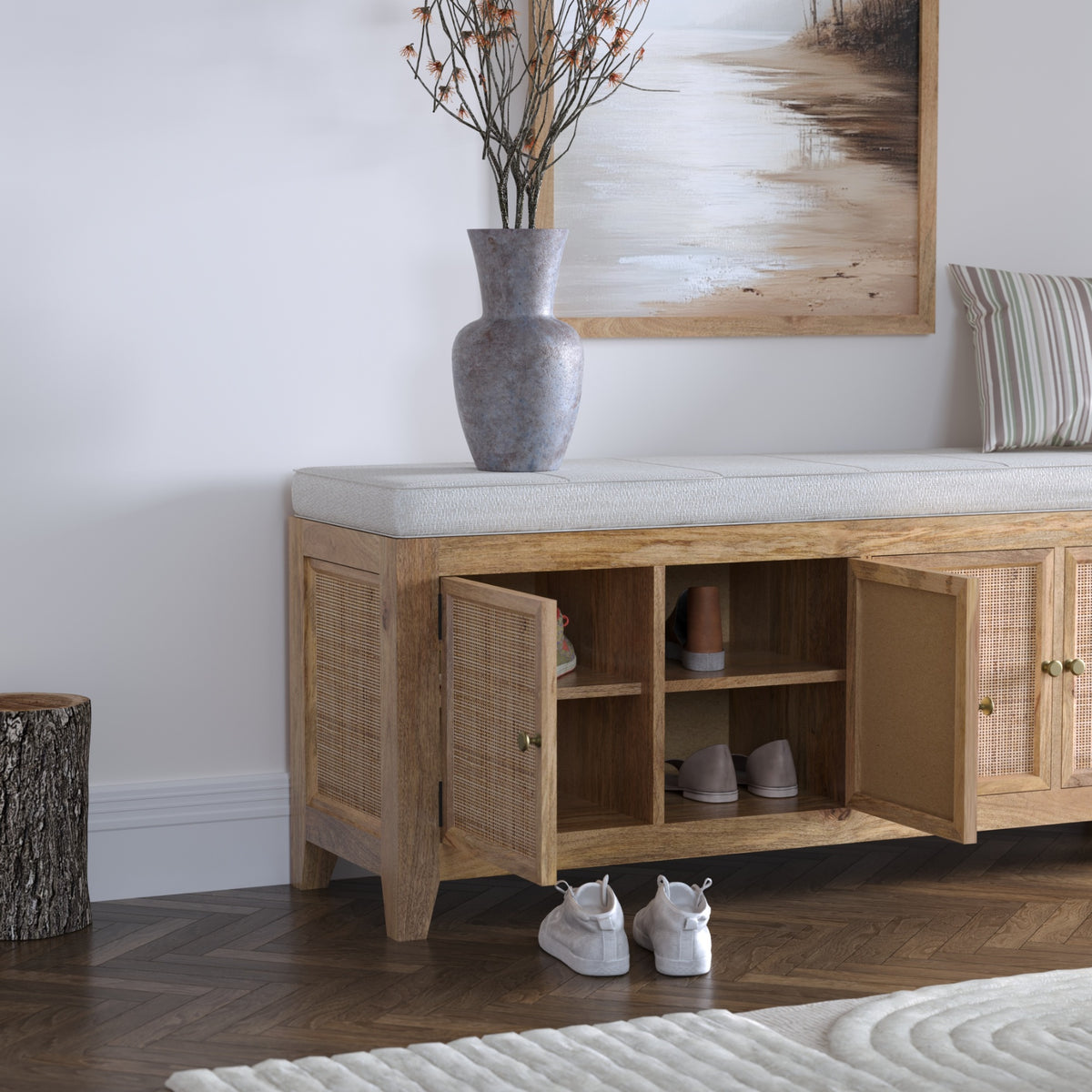 Solid Wood Shoe Cabinet in Rattan Design with Cushion Seat