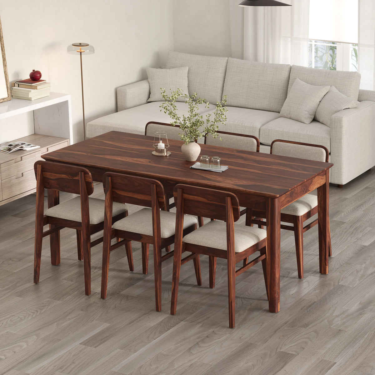 Oslo Solid Sheesham Wood 6 Seater Dining Table Set - Honey Finish