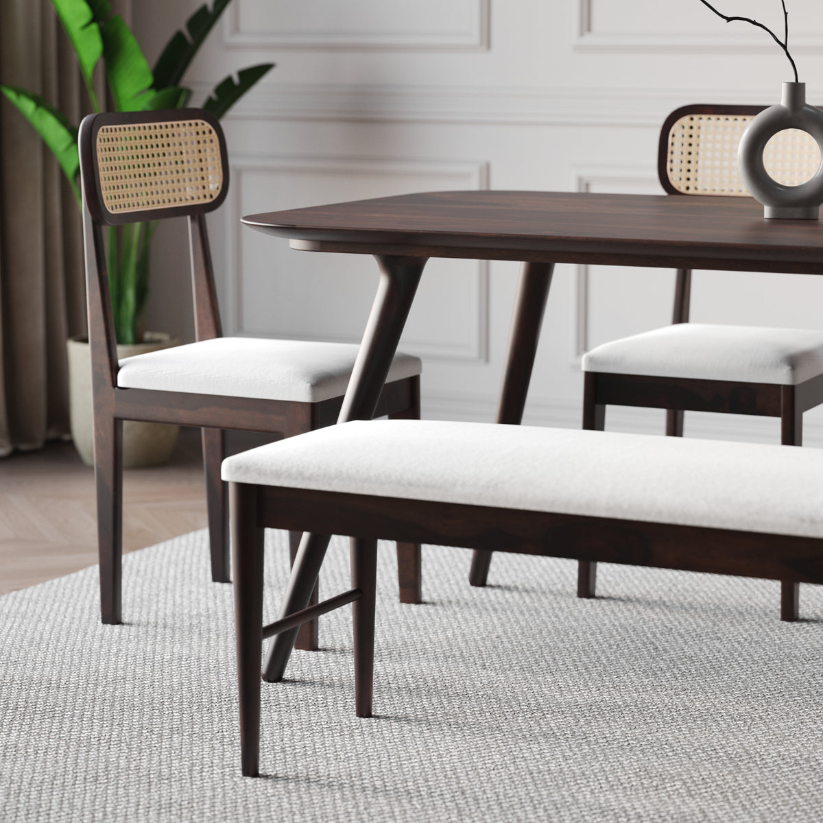Solid Wood Dining Table 6 Seater Set with Bench for Dining Room