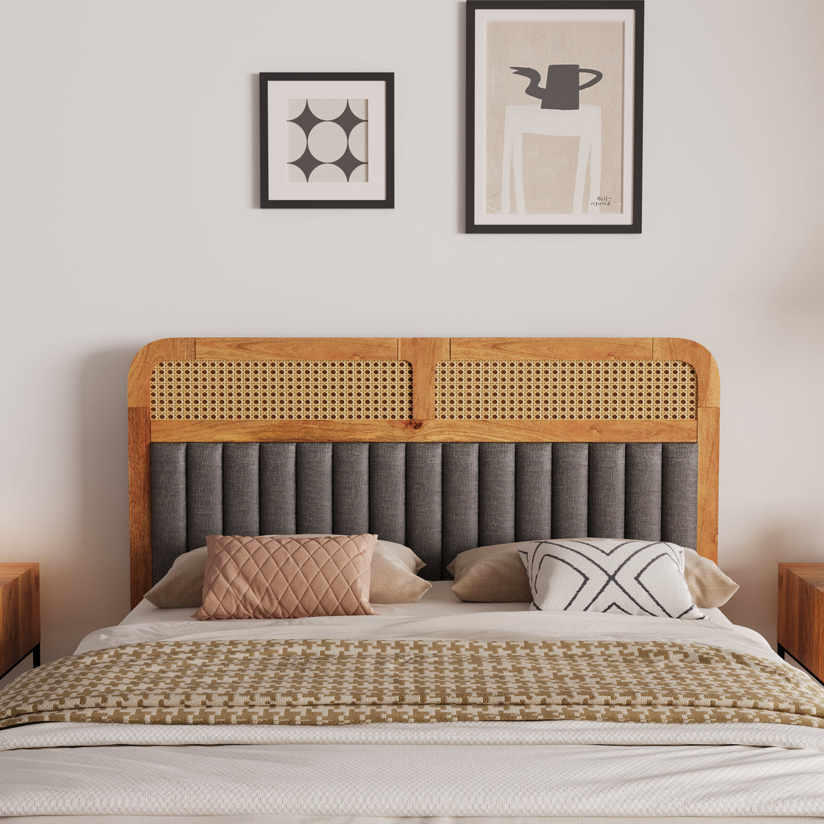 Wooden Queen Size bed without Storage in Natural Finish for Bedroom