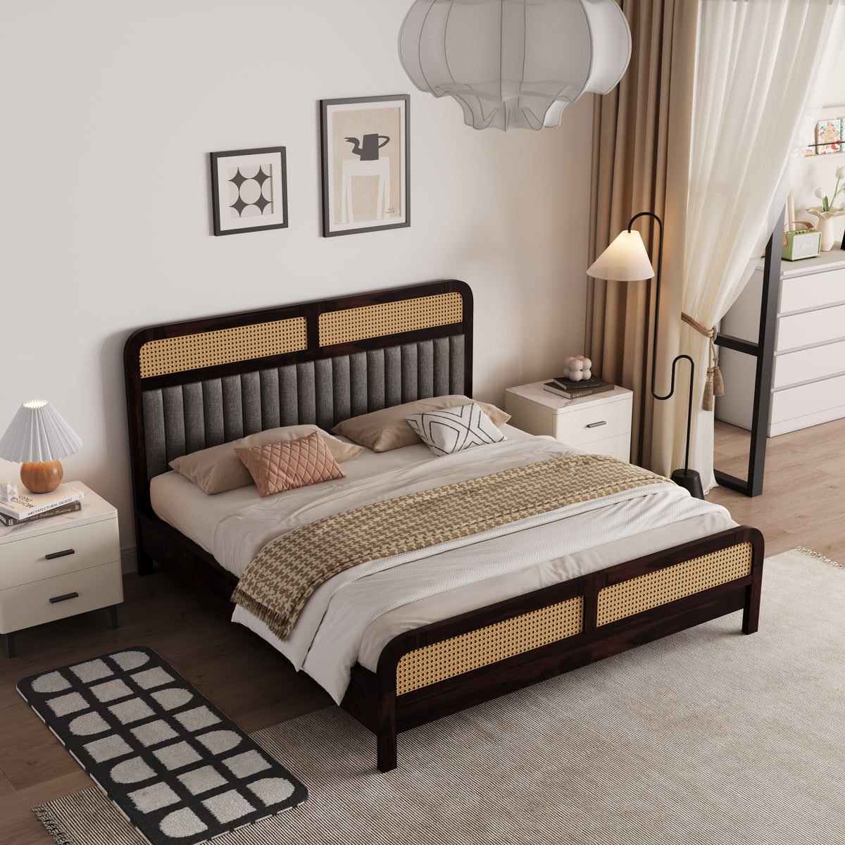 Wooden King Size bed without Storage in Walnut Finish for Bedroom