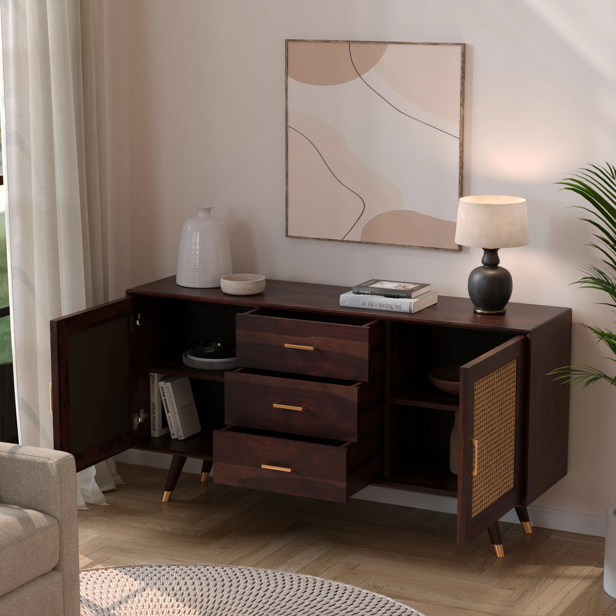 Wooden Sideboard Cabinet with Drawer in Walnut Finish