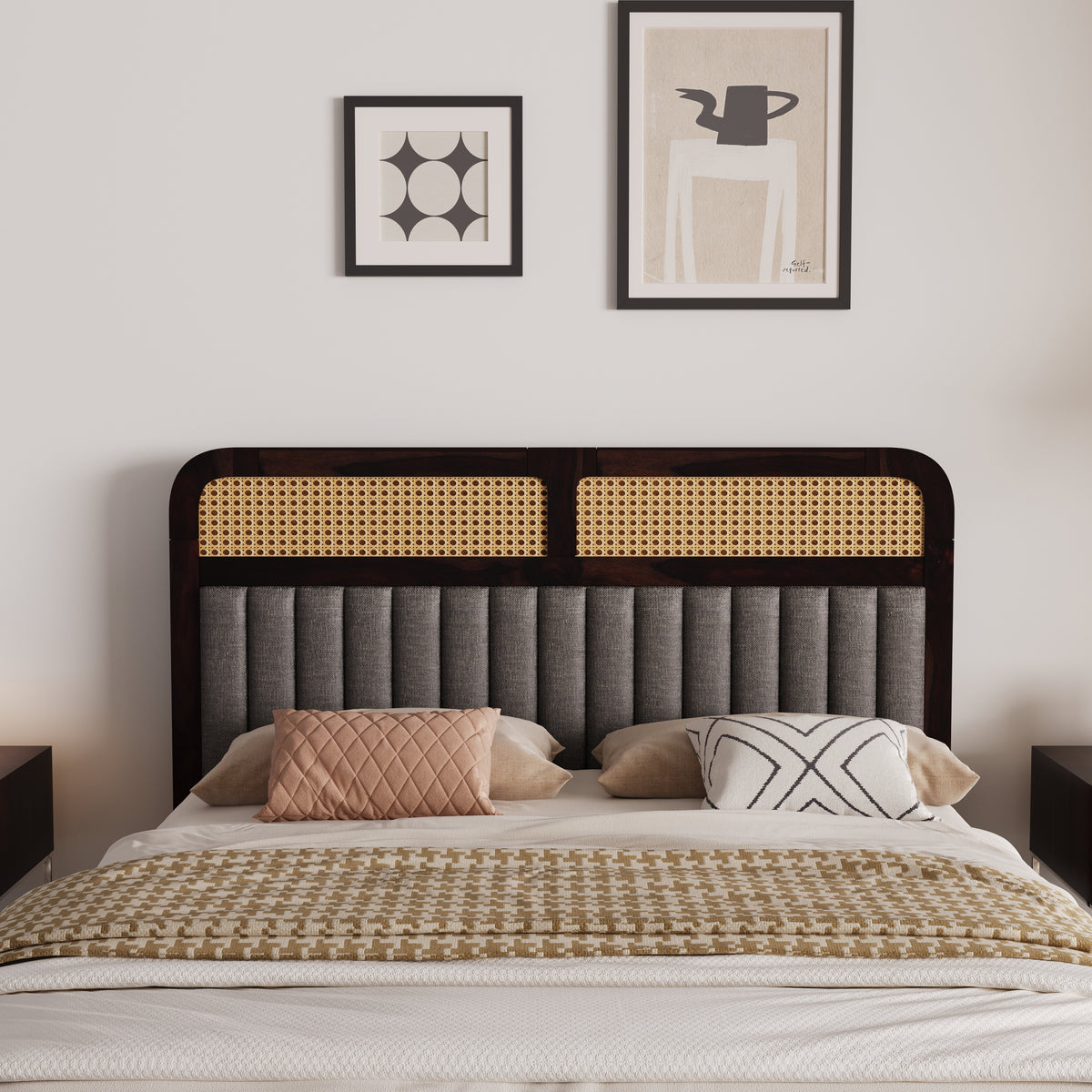 Wooden Queen Size bed without Storage in Walnut Finish for Bedroom