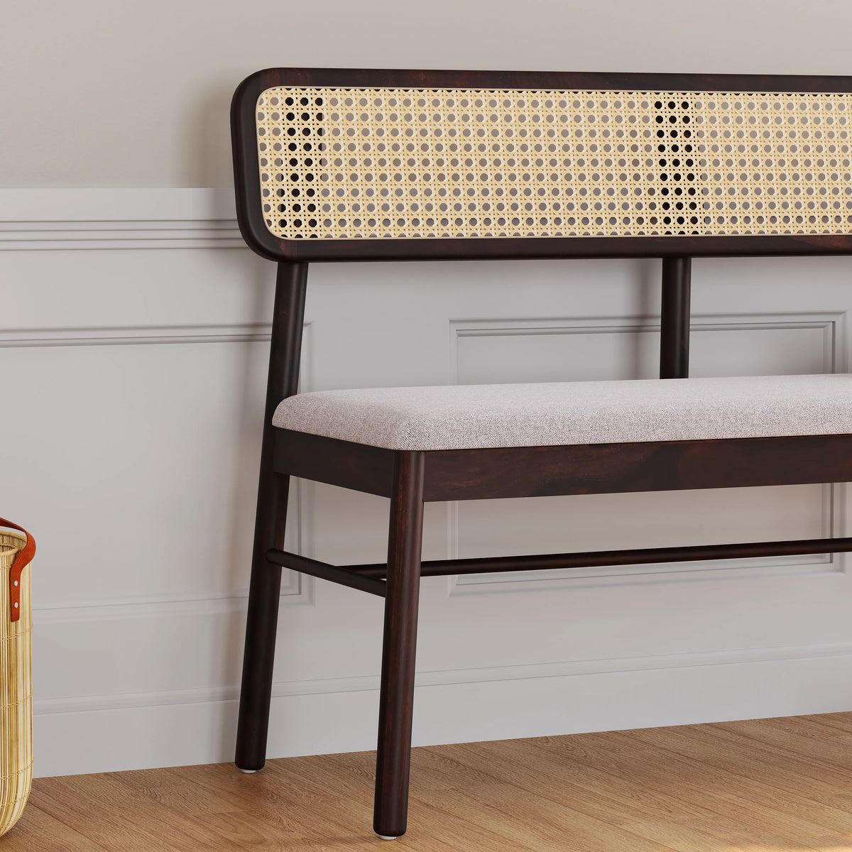 Wooden Bench with Cushioned Seat in Walnut Finish