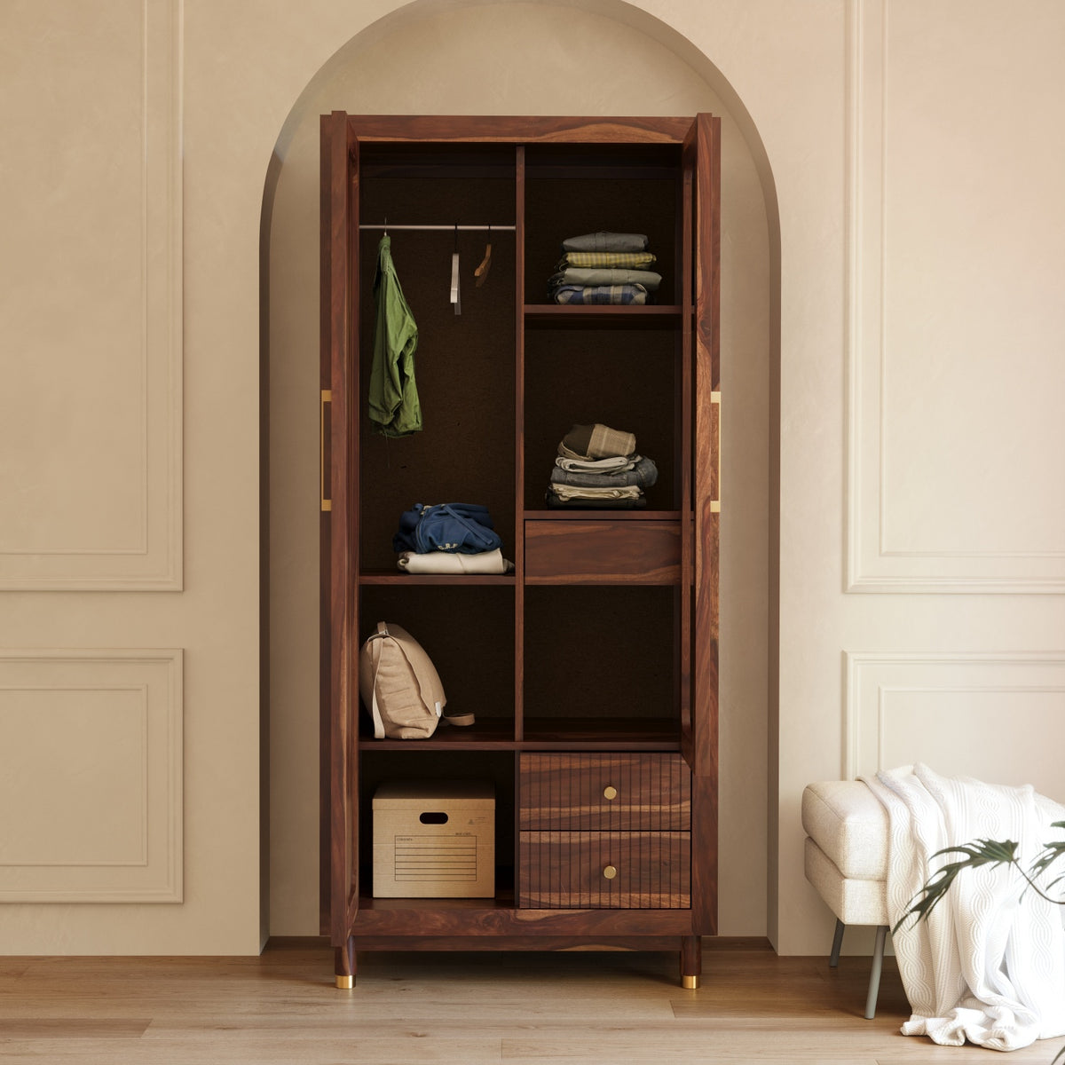 Sheesham Wood Wardrobe with Cane & Mirror