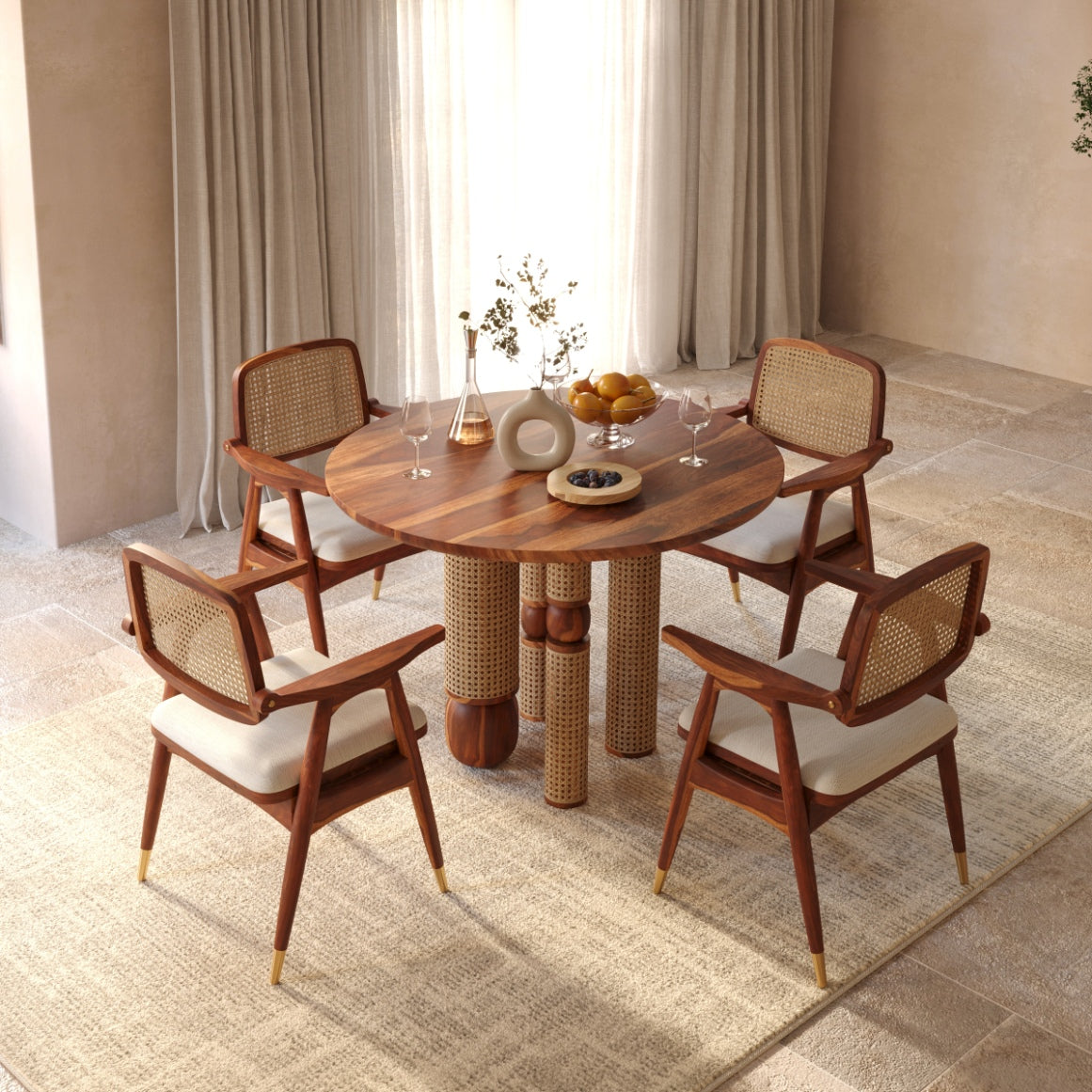 Sheesham Wood Dining Chair with Cane Back and Upholstered Seat