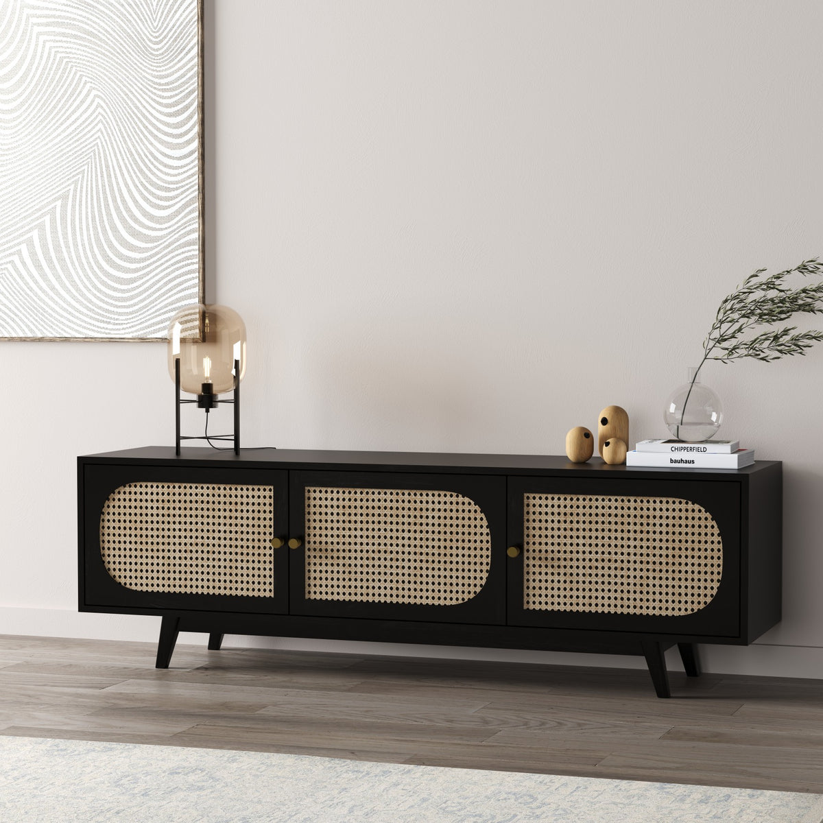 Solid Wood TV Cabinet in Cane Design