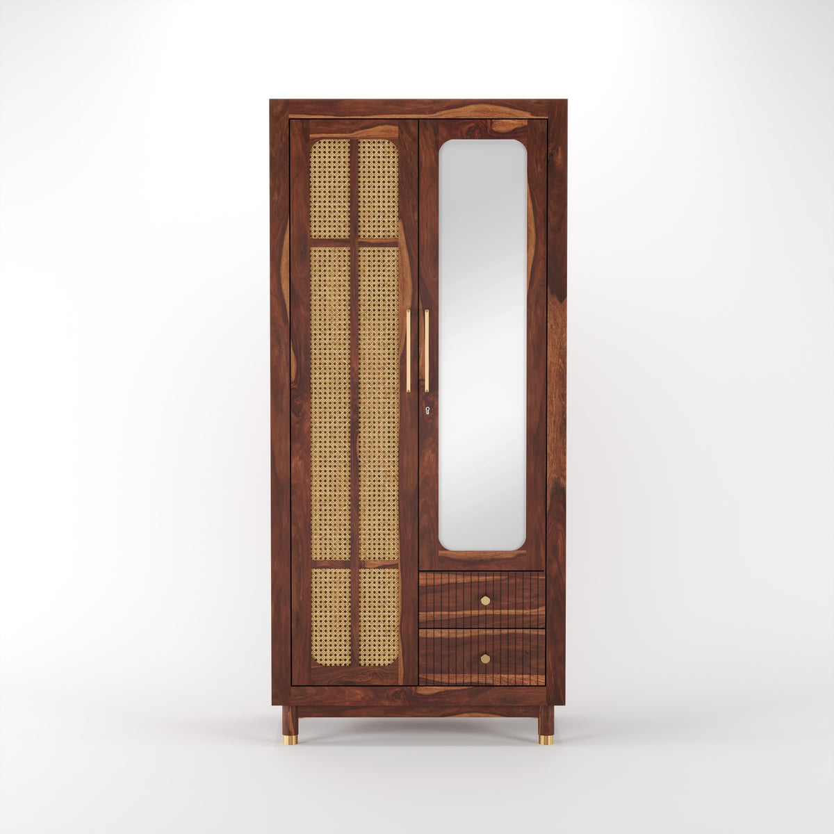 Sheesham Wood Wardrobe with Cane & Mirror