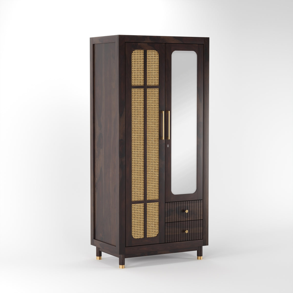 Sheesham Wood Wardrobe with Cane & Mirror