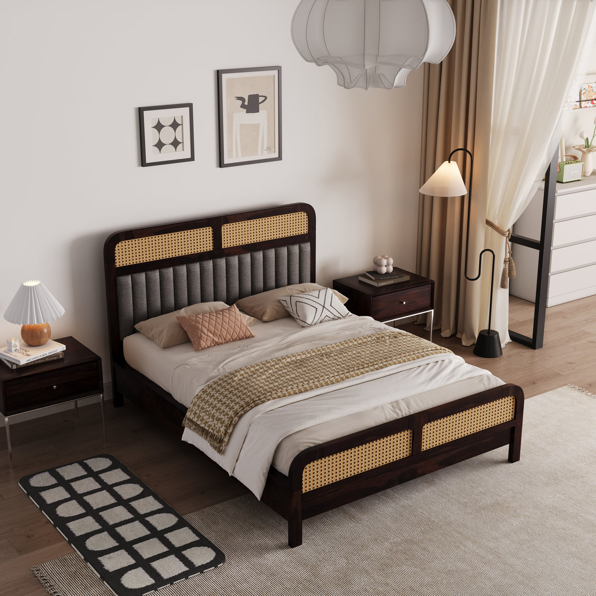 Wooden Queen Size bed without Storage in Walnut Finish for Bedroom