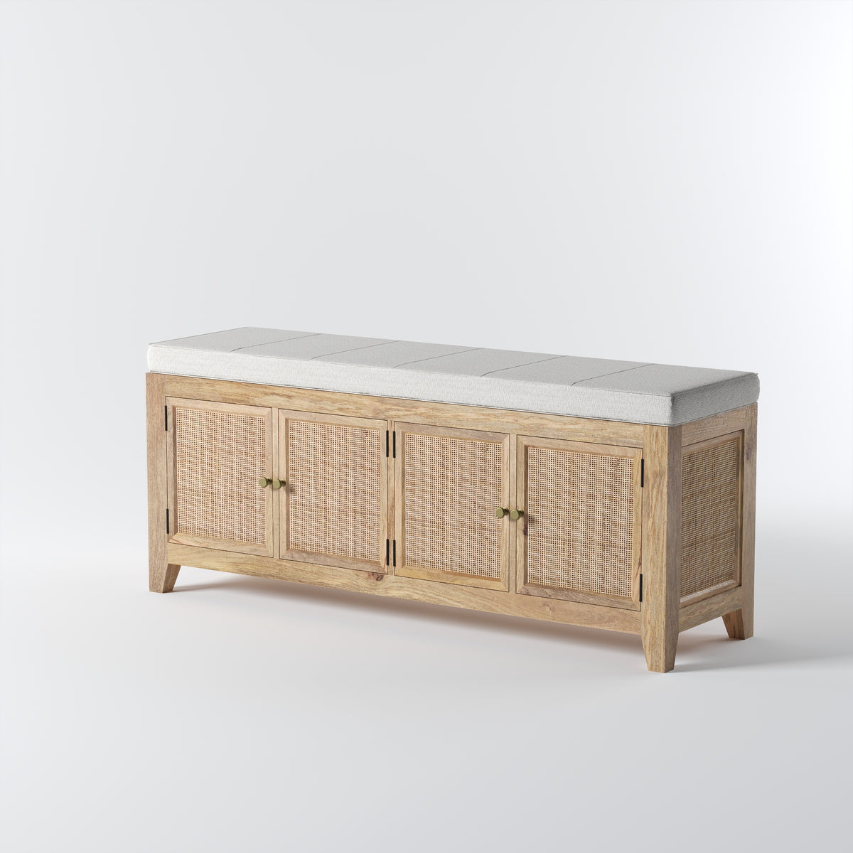 Solid Wood Shoe Cabinet in Rattan Design with Cushion Seat