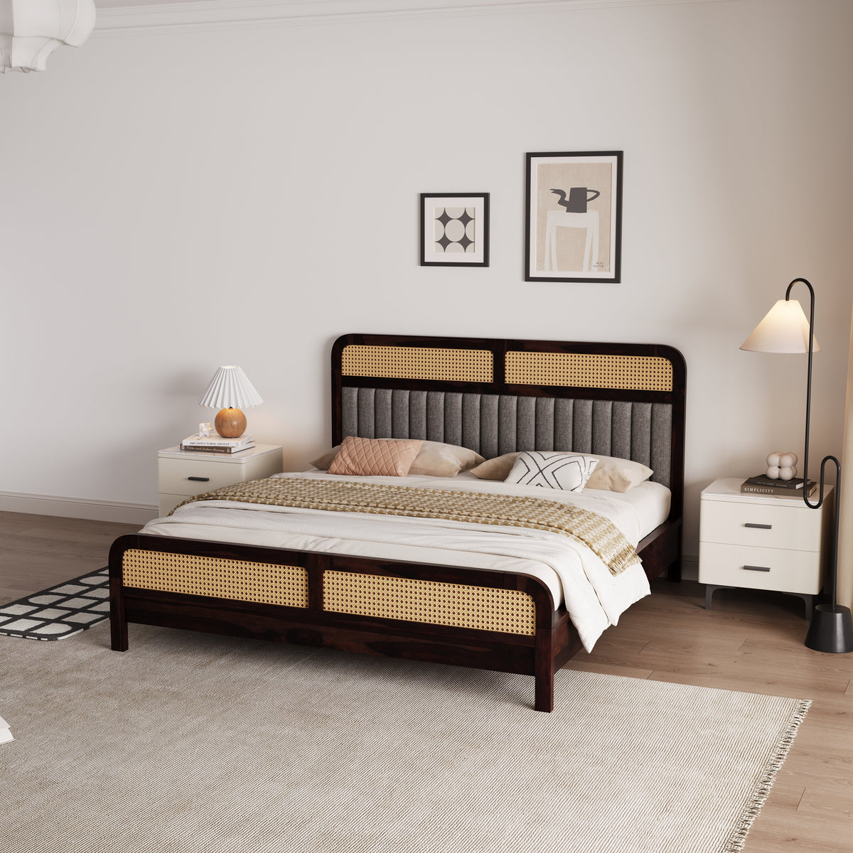 Wooden King Size bed without Storage in Walnut Finish for Bedroom