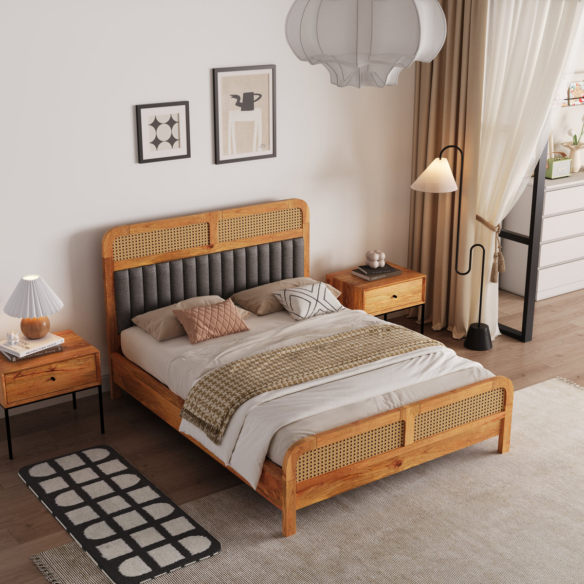 Wooden Queen Size bed without Storage in Natural Finish for Bedroom