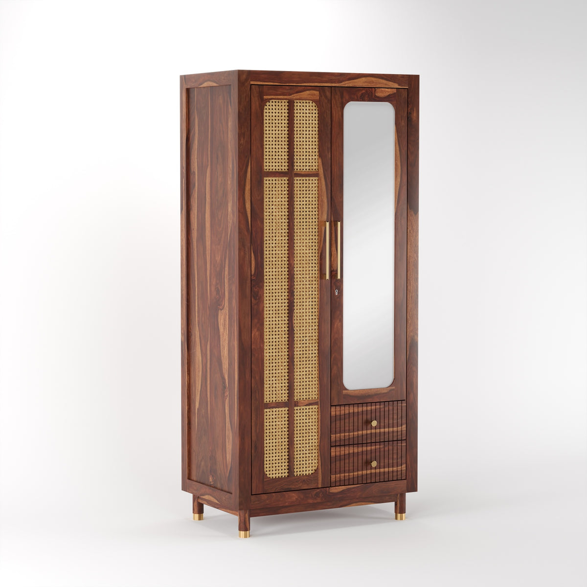 Sheesham Wood Wardrobe with Cane & Mirror