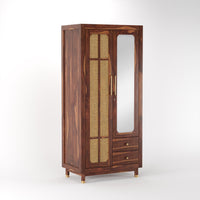 Sheesham Wood Wardrobe with Cane & Mirror