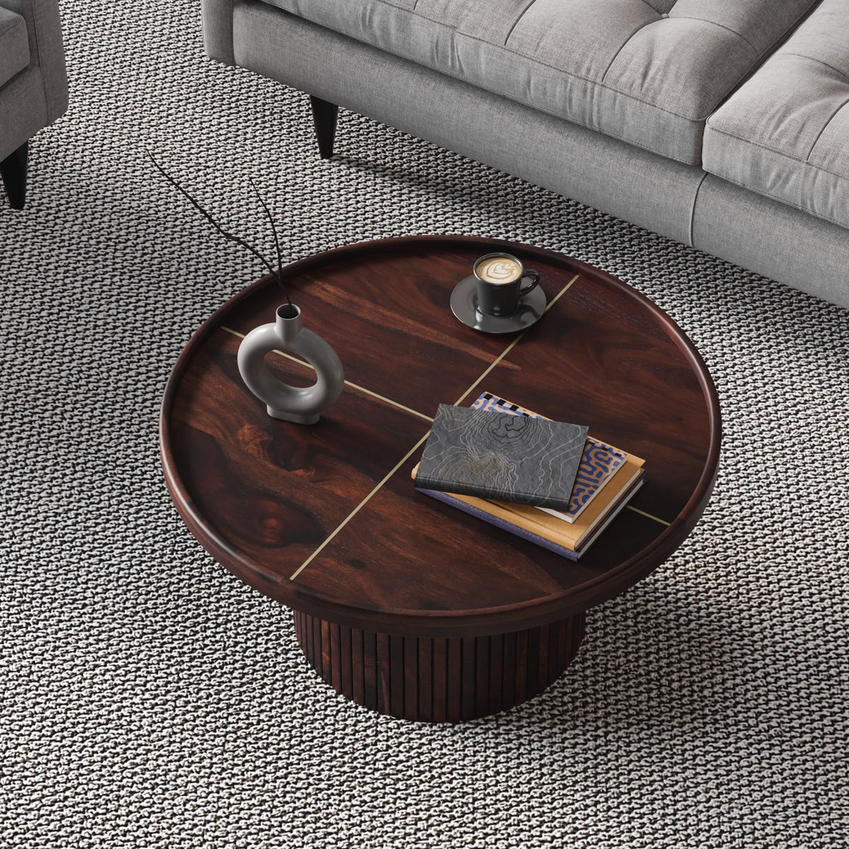 Wooden Round Coffee Table in Walnut Finish for Living Room