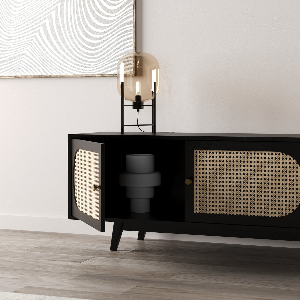 Solid Wood TV Cabinet in Cane Design