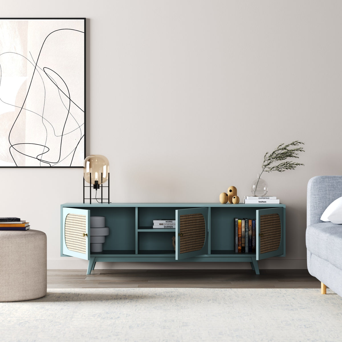 Solid Wood TV Cabinet in Cane Design