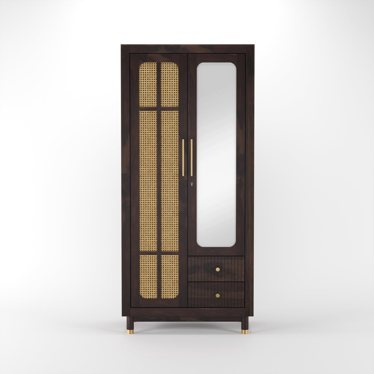 Sheesham Wood Wardrobe with Cane & Mirror