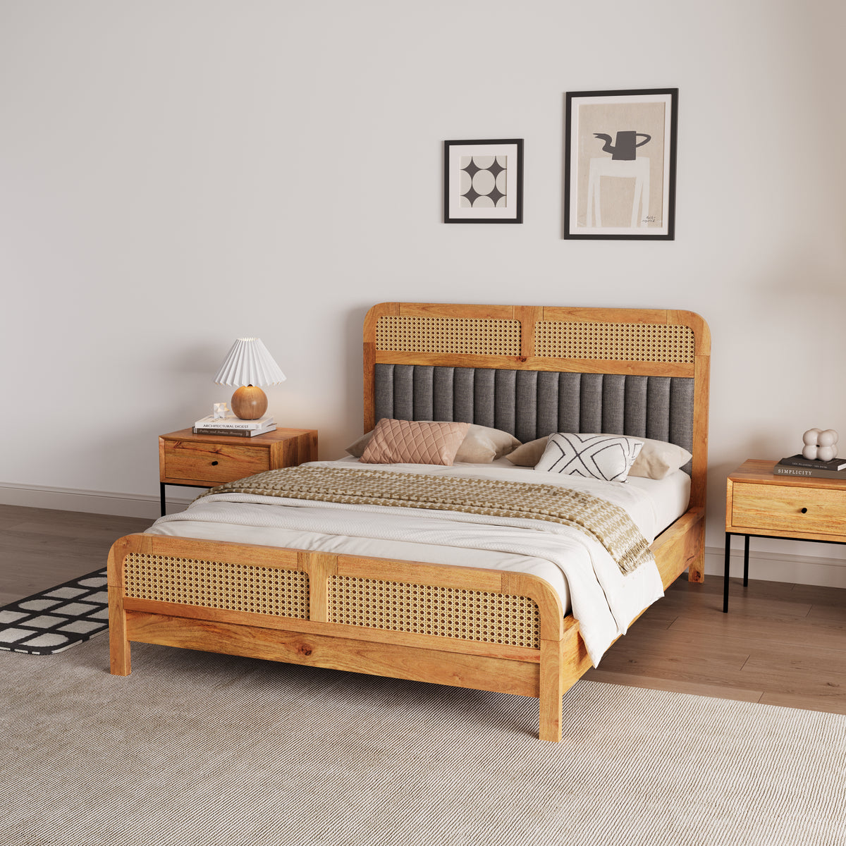 Wooden Queen Size bed without Storage in Natural Finish for Bedroom