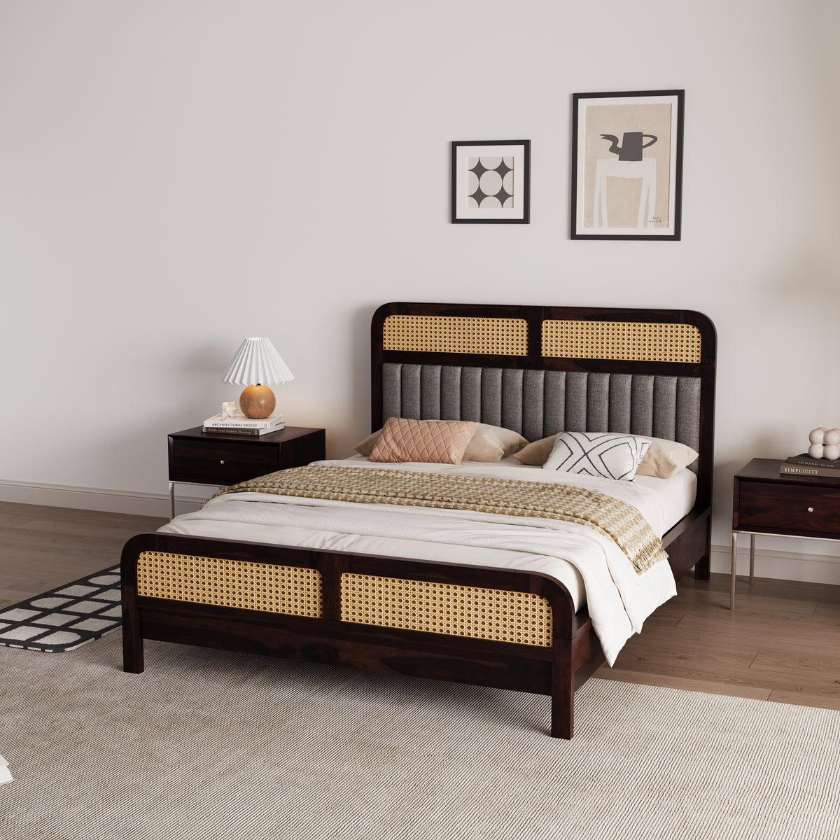 Wooden Queen Size bed without Storage in Walnut Finish for Bedroom