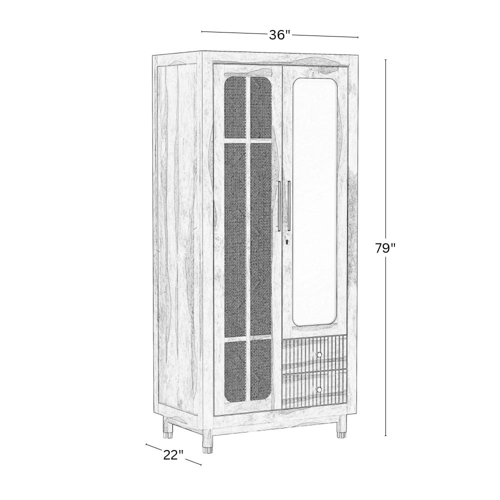 Sheesham Wood Wardrobe with Cane & Mirror