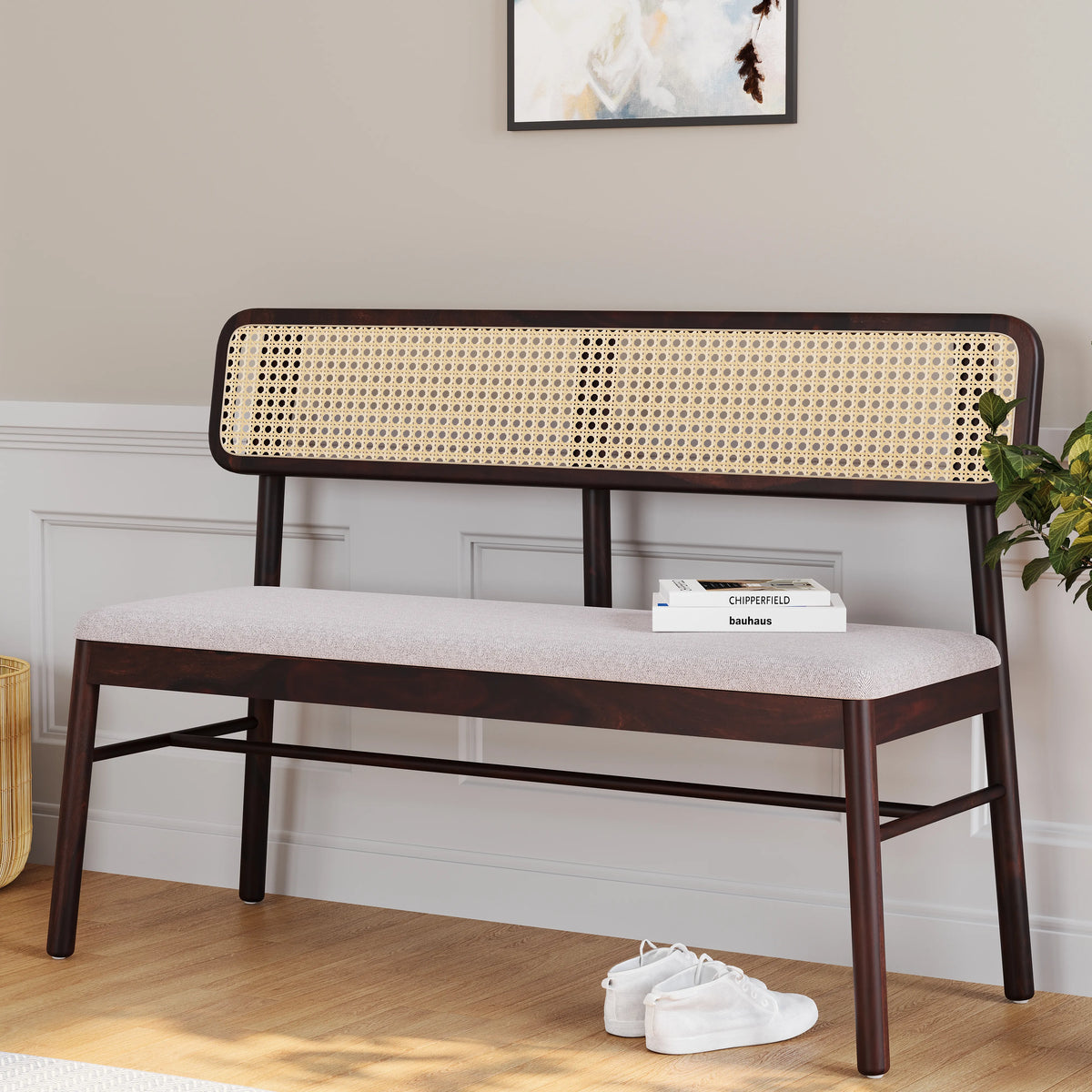 Wooden Bench with Cushioned Seat in Walnut Finish