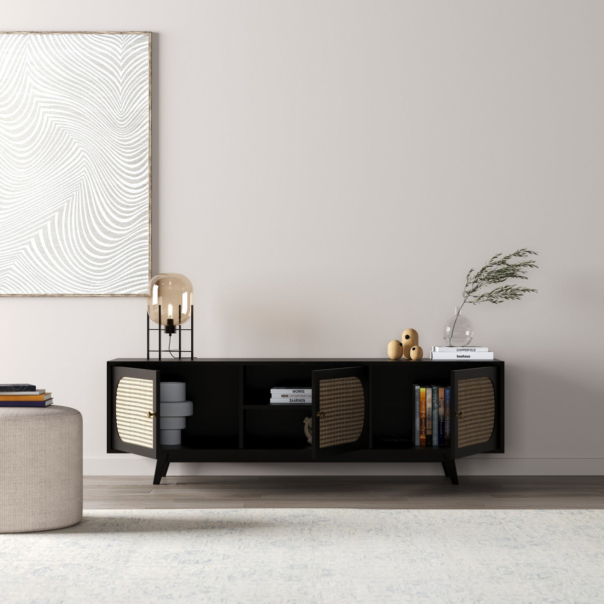 Solid Wood TV Cabinet in Cane Design