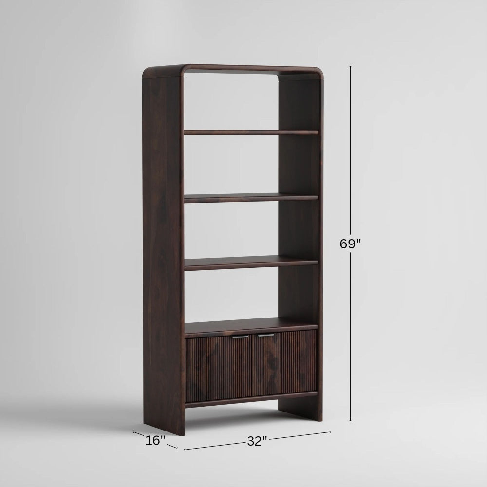 Wooden Bookcase with Open Shelves & 2 Door Fluted Cabinet
