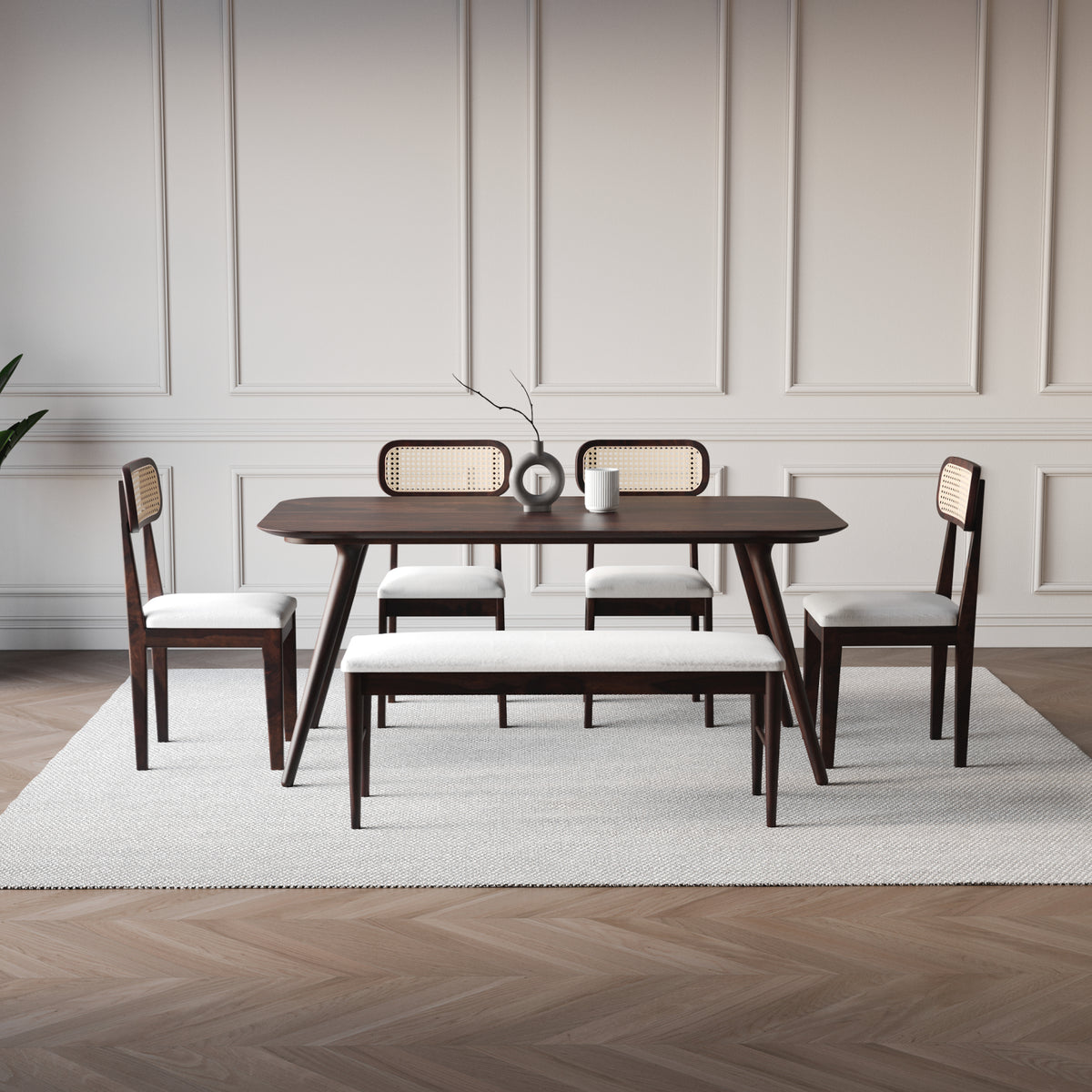 Solid Wood Dining Table 6 Seater Set with Bench for Dining Room