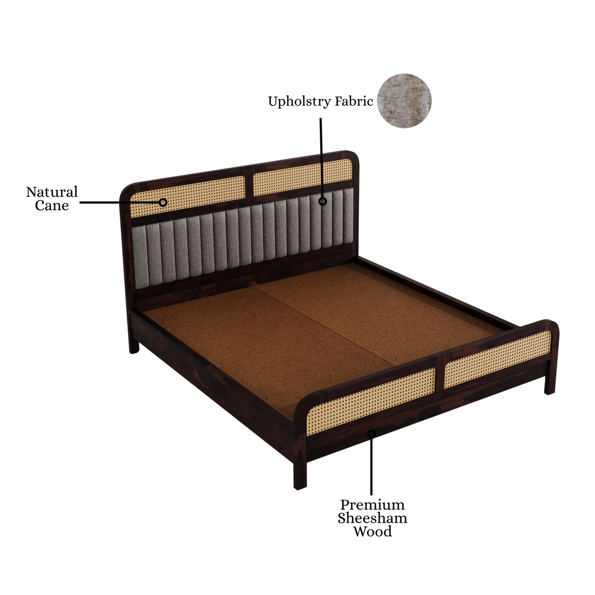 Wooden King Size bed without Storage in Walnut Finish for Bedroom