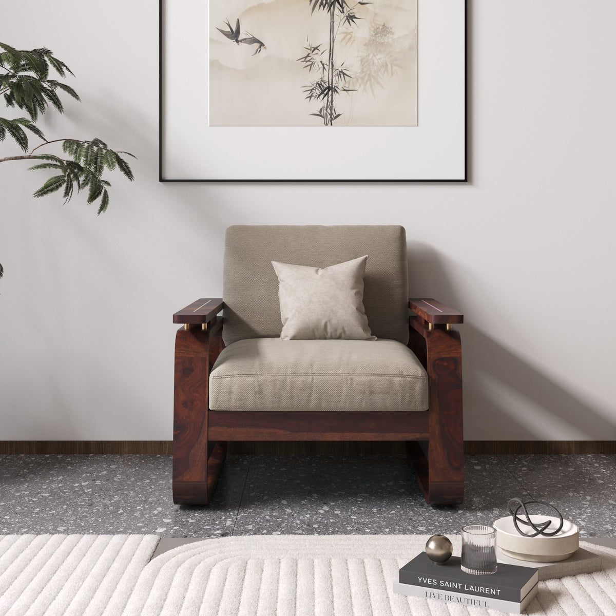Wooden Single Seater Sofa with Rattan Design