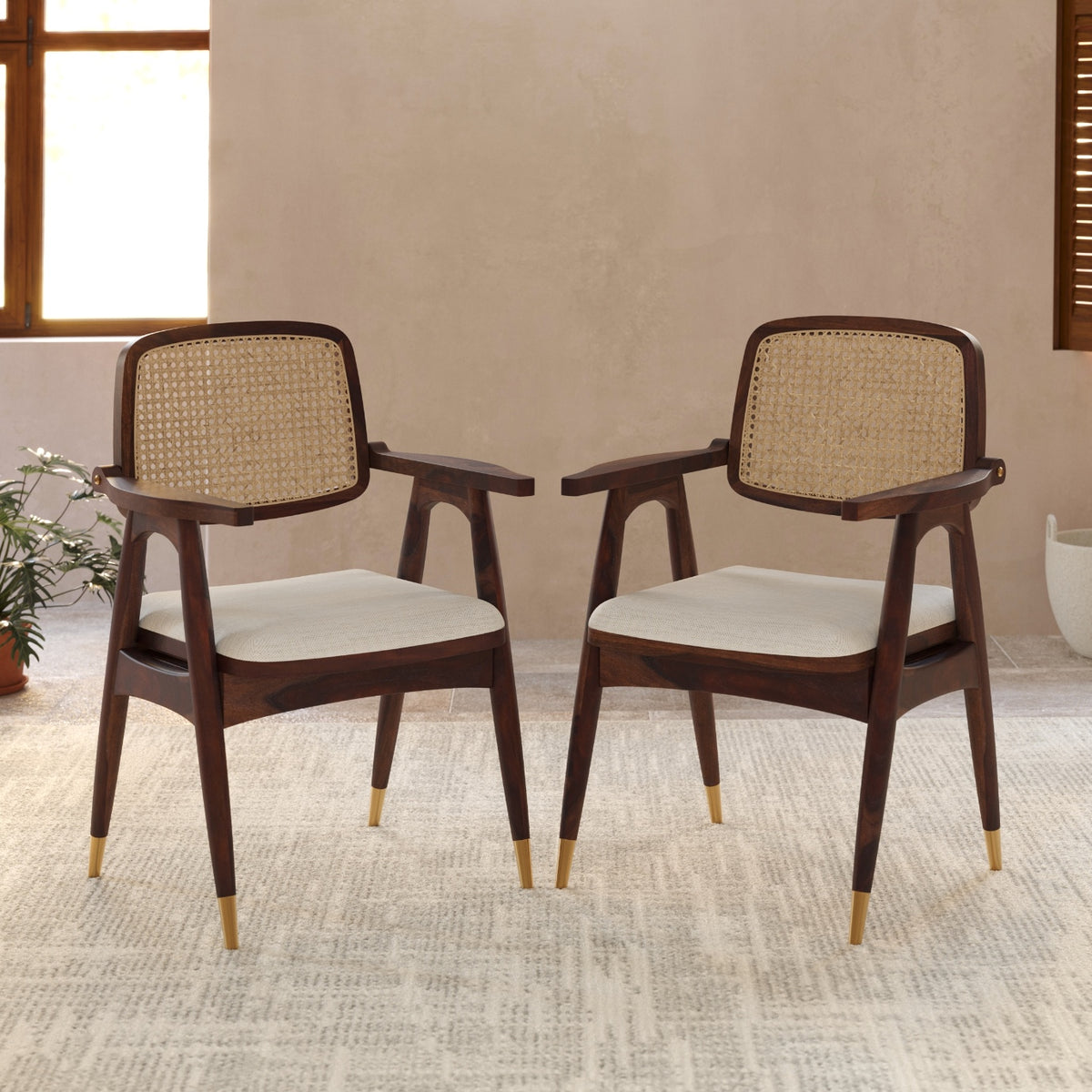 Wooden Dining Chairs Set of 2 with Cane Back and Cushioned Seat