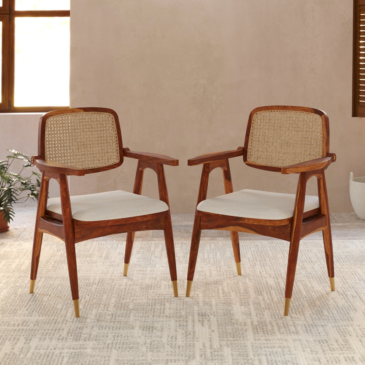 Wooden Dining Chairs Set of 2 with Cane Back and Cushioned Seat