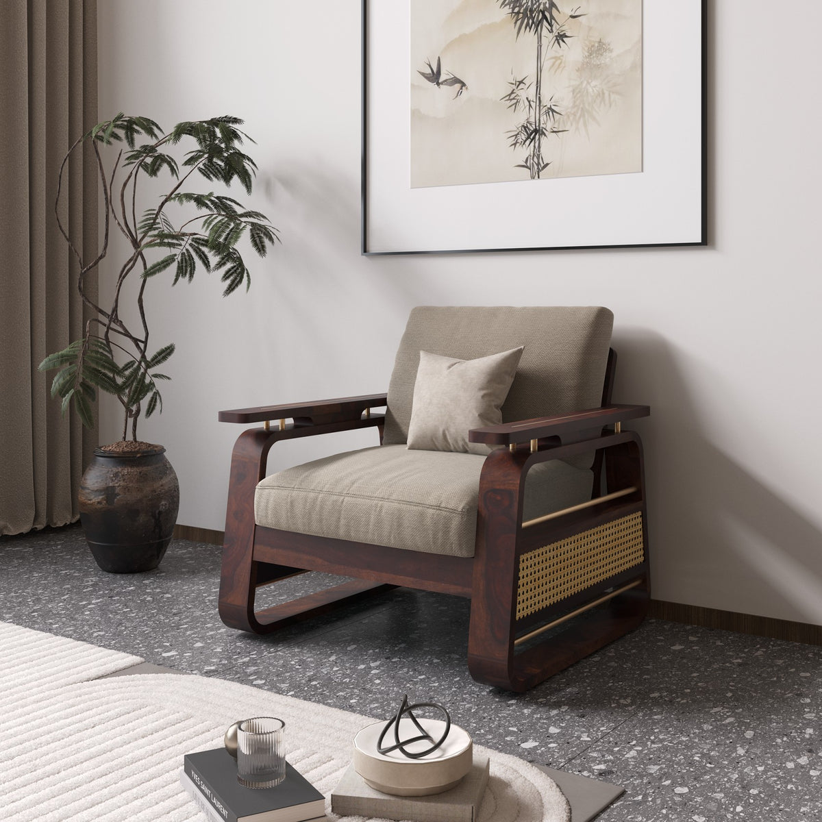Wooden Single Seater Sofa with Rattan Design