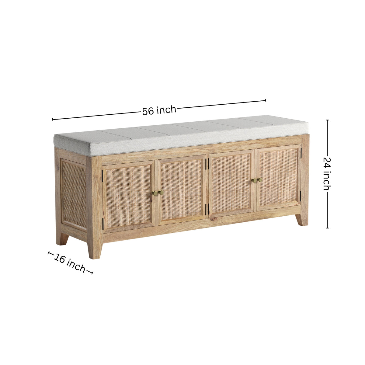 Solid Wood Shoe Cabinet in Rattan Design with Cushion Seat