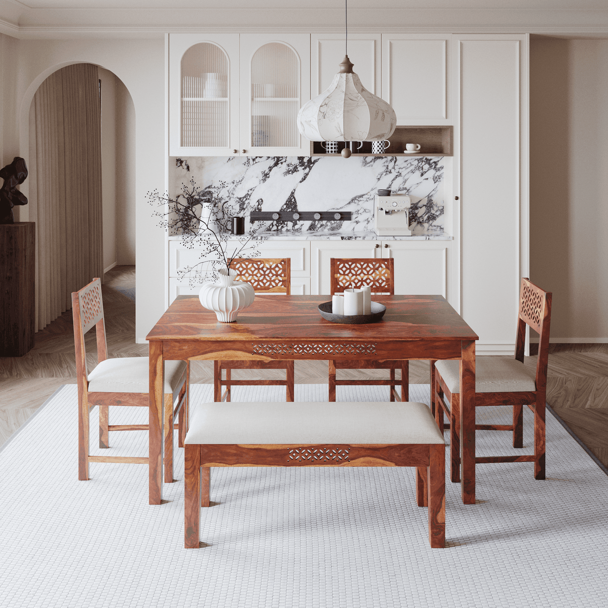 Solid Wood Dining Table 6 Seater Set with Bench for Dining Room