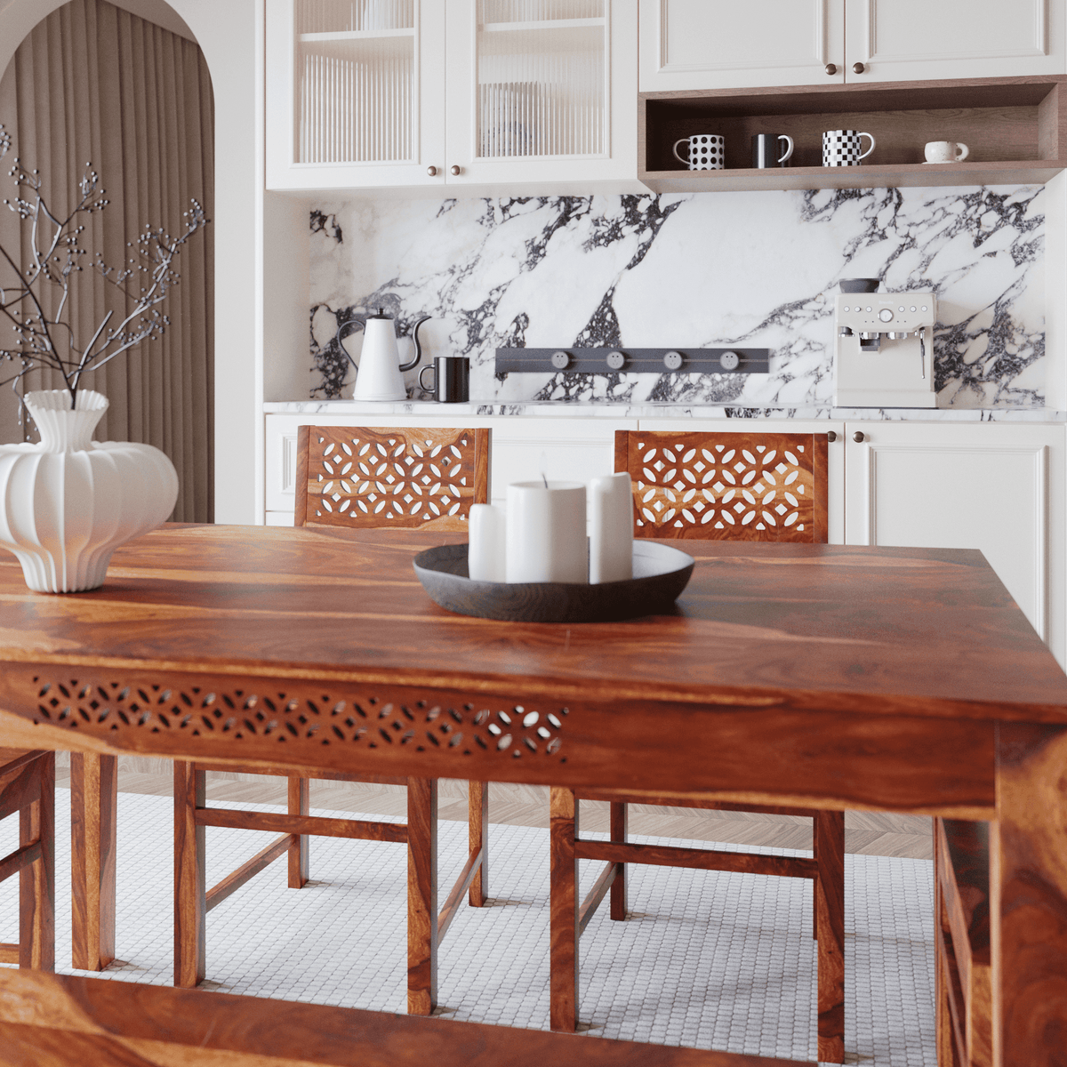 Sheesham Wood Dining Table 6 Seater with Bench for Dining Room