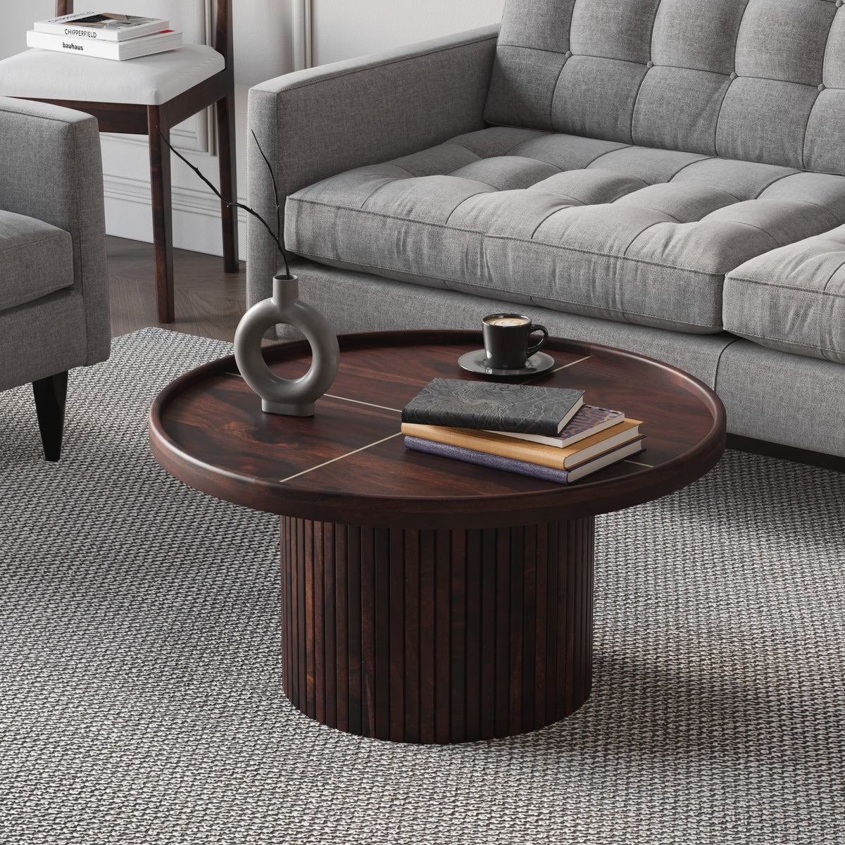 Wooden Round Coffee Table in Walnut Finish for Living Room