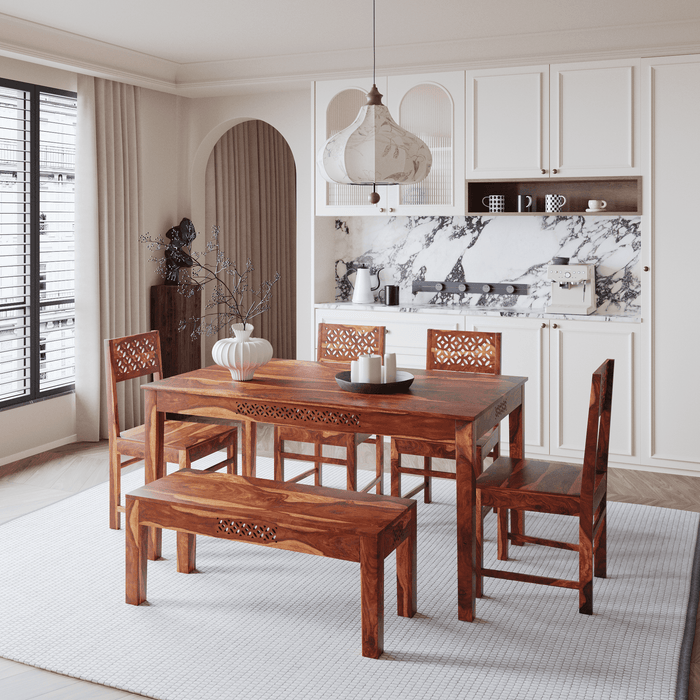 Sheesham Wood Dining Table 6 Seater with Bench for Dining Room